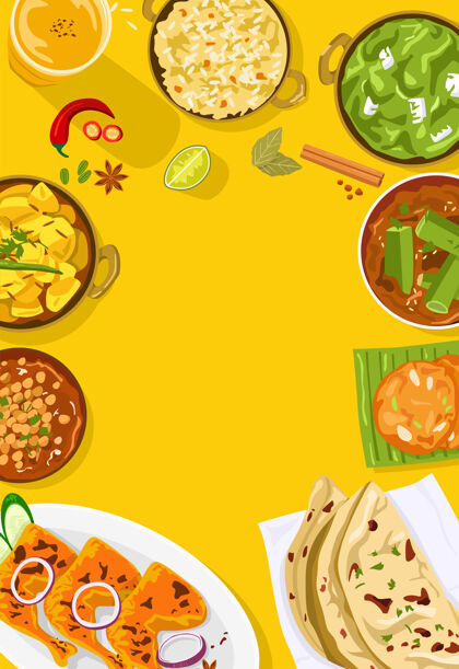 膳食印度食品插图顶视图顶视图菜肴午餐