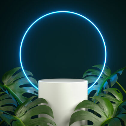 圆形带蓝光led霓虹灯的讲台 带有植物场景3d渲染形式平台辉光
