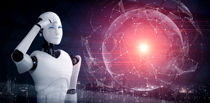 成功仿人ai机器人看全息屏展示概念人工智能世界灵感
