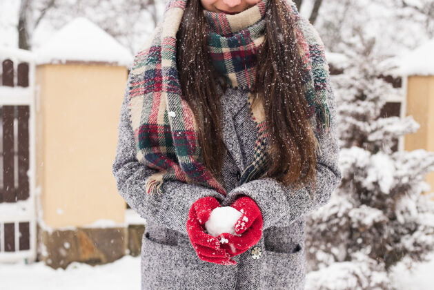 爱戴着红色手套的女孩捧着雪 祝你圣诞快乐生动雪帽子