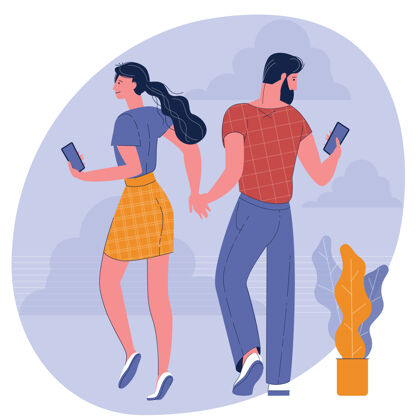 社交网络年轻男女手牵智能手机走路街道关系女人