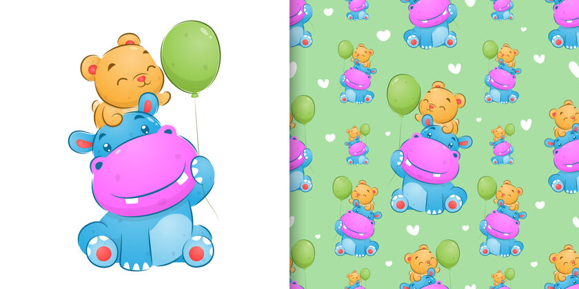 周围彩色可爱河马和熊玩气球插图图案大动物