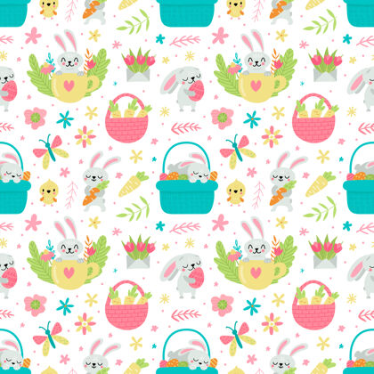 可爱复活节兔子和鸡蛋的无缝图案插图纹理抽象小