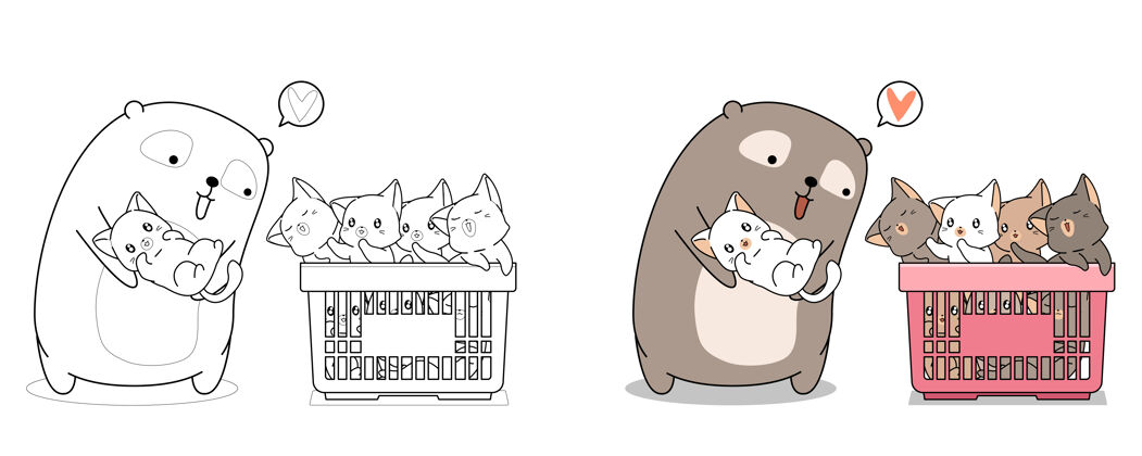 猫可爱的熊和小猫宝宝卡通彩页为孩子们平面可爱动物