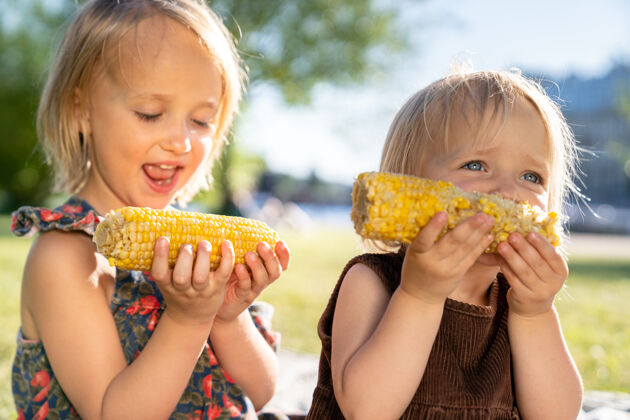 玉米两个快乐的小男孩女孩妹妹在夏天吃甜玉米芯白天健康吃饭 野餐童年野餐午餐