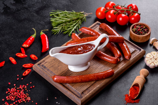 营养格鲁吉亚菜的辛辣调味料阿吉卡在一个碗里 用红辣椒和大蒜放在混凝土桌上特写镜头健康蔬菜复制空间