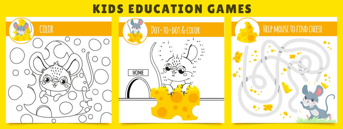 轮廓老鼠小孩游戏.着色游戏介绍 鼠标寻找奶酪迷宫和一点一点卡通插图集可爱啮齿动物婴儿