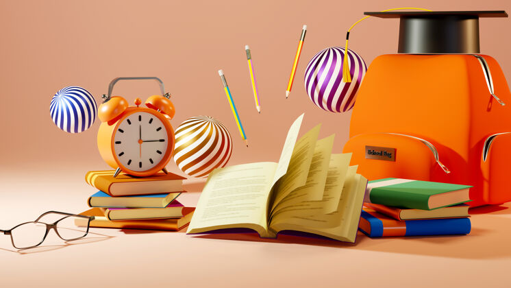 文具教育理念 书和书包放在橘子上讲座三维文学