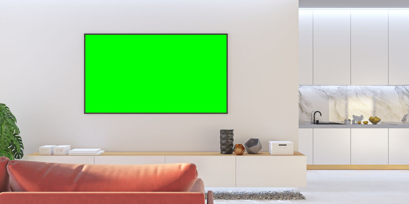 空白带沙发 厨房 控制台的白色客厅电视3d渲染插图渲染曲线餐饮