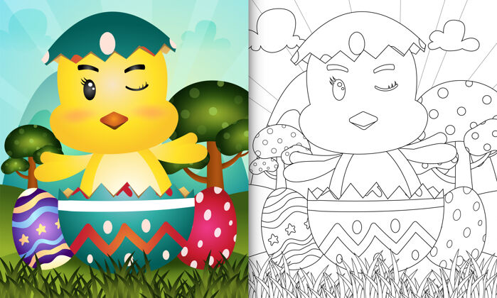 卡瓦伊儿童彩绘书主题复活节快乐与小鸡在鸡蛋鸡卡通小鸡