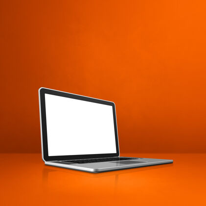 室内笔记本电脑上的橙色办公室场景背景电子便携式手机