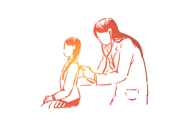 医生小女孩健康体检 女医生带听诊器插画儿科医生病人插图