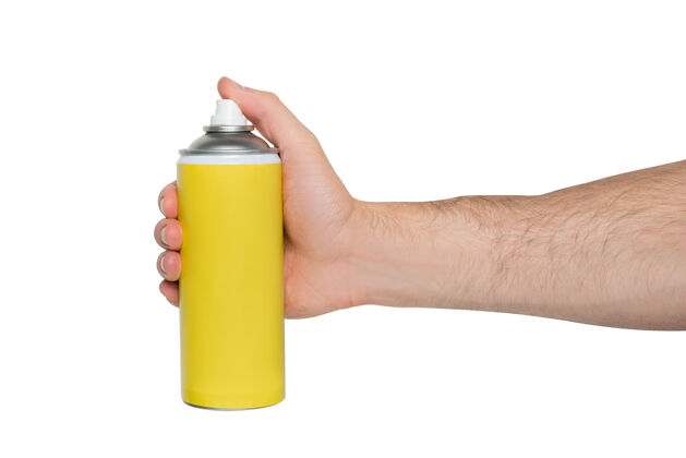 气溶胶黄色喷雾罐手号铭文白色背景油漆锡发胶
