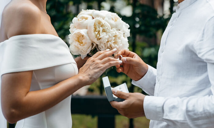 新郎新郎把结婚戒指戴在新娘的手指上男朋友情侣新娘