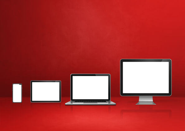 商务电脑 笔记本电脑 手机和数字平板电脑-红色办公桌背景三维插图网络内饰手机
