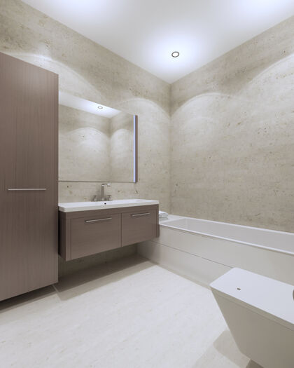框架现代浴室 棕色家具 大镜子 白色强化木地板洗手盆小屋浴室