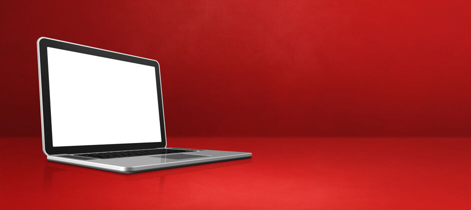 水平笔记本电脑上的红色办公场景背景横幅红色复制空间办公桌