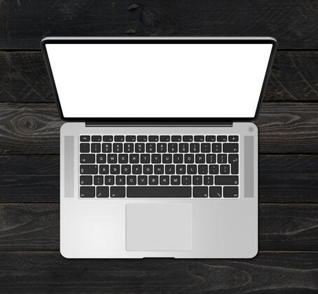 电子打开笔记本电脑的顶视图与空白屏幕 在黑木背景上隔离笔记本电脑互联网顶视图