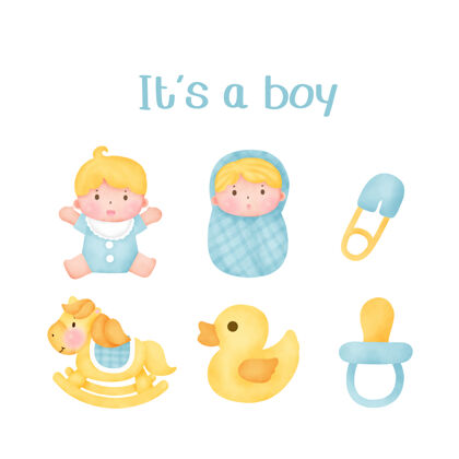 新生儿婴儿淋浴是男孩的元素绘图公告手绘