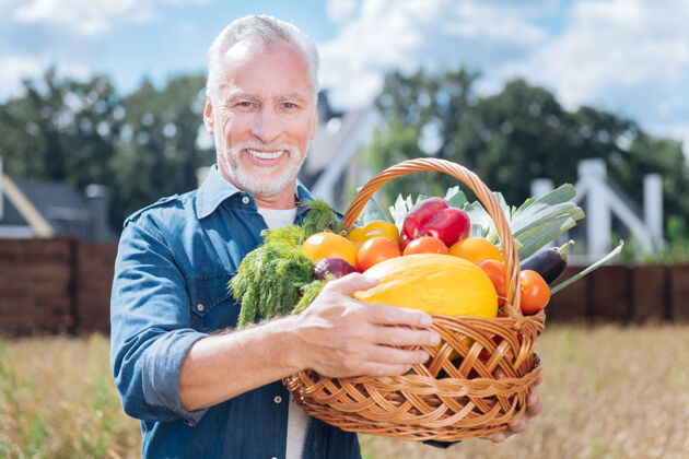铲子新鲜蔬菜喜气洋洋的笑脸胡子男人穿着蓝色衬衫 手里拿着盛着新鲜蔬菜的大篮子天气花园花坛