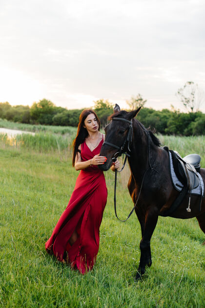 乡村日落时分 一个穿着红裙子的年轻漂亮女孩和一匹纯种种马在牧场上合影热爱和爱护动物领域马背装备
