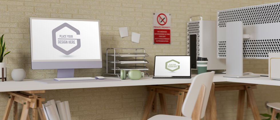 舒适办公桌配有电脑和笔记本电脑模型笔记本电脑海报三维渲染