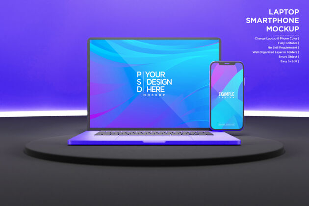 品牌实物模型笔记本电脑和智能手机模拟霓虹灯品牌应用程序屏幕