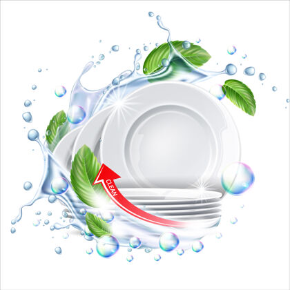 对象一叠干净的盘子在水里溅起绿叶做洗碗剂广告食物餐厅晚餐