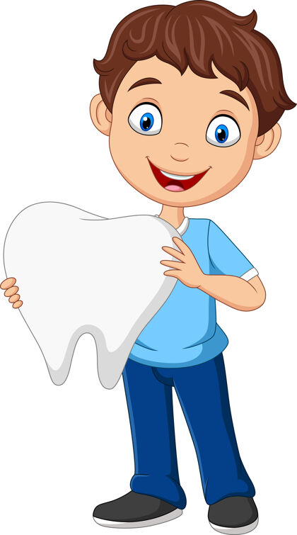 牙齿美白卡通小男孩抱着大牙齿病人治疗卡通