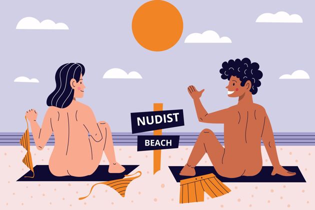 季节卡通裸体主义概念插图夏天自然海滩
