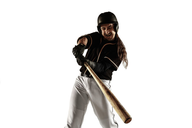 比赛穿着黑色制服的棒球运动员在白色背景下练习和训练动作运动美国
