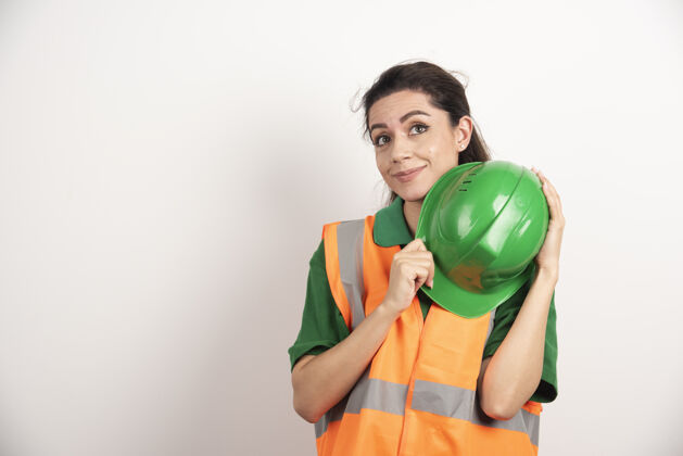 头盔戴头盔的女工地工程师高质量照片穿背心安全