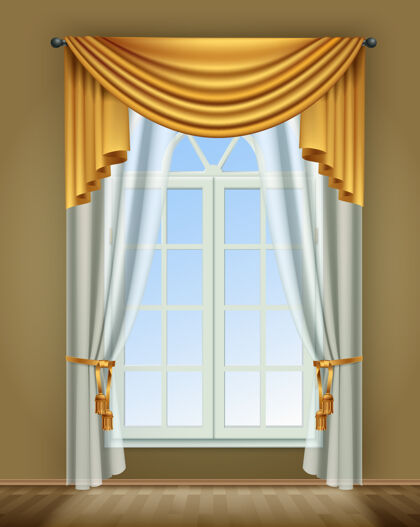 窗窗帘真实的构成与室内景观的房间窗户和豪华的金色蕾丝窗帘窗帘写实房间