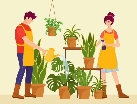 快乐的人人们照顾植物的平面插图花店放松平面插画