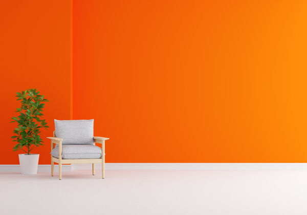 椅子橙色客厅的灰色扶手椅 有复印空间木头扶手椅空白