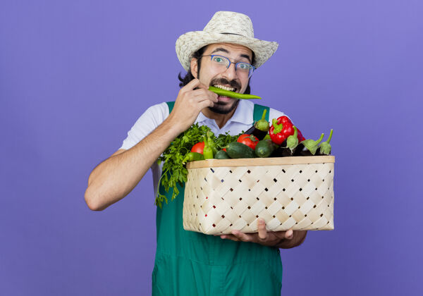 人年轻的留着胡须的园丁穿着连体衣 戴着帽子 手里拿着装满蔬菜的箱子 咬着青椒站在蓝色的墙上箱子抱着感觉