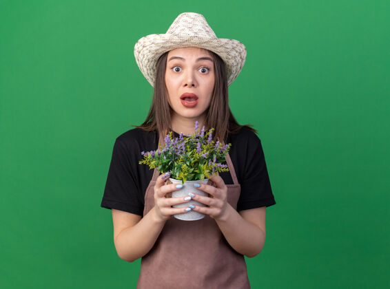 焦虑焦急美丽的白人女园丁戴着园艺帽捧着花盆上的绿色花园女花盆