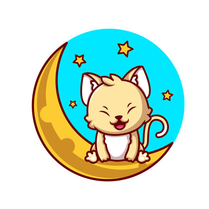 月亮可爱的猫坐在月亮上与星星卡通图标插图动物自然图标概念隔离平面卡通风格卡通夜晚可爱