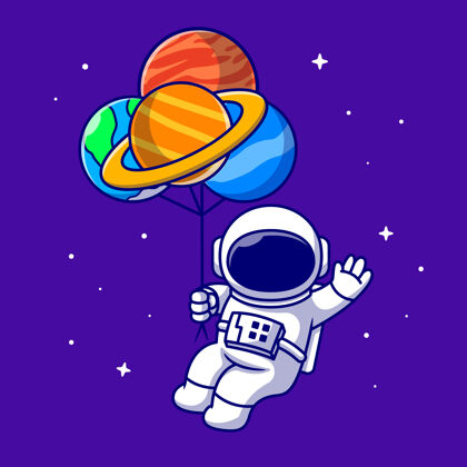 太空可爱的宇航员漂浮在太空卡通图标插图行星气球科技图标孤立平面卡通风格宇航员科技银河系