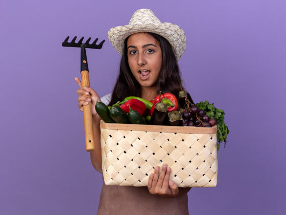 微笑快乐的年轻园丁女孩 围着围裙 戴着夏帽 手里拿着装满蔬菜的箱子 脸上带着微笑的小耙子站在紫色的墙上立场帽子蔬菜