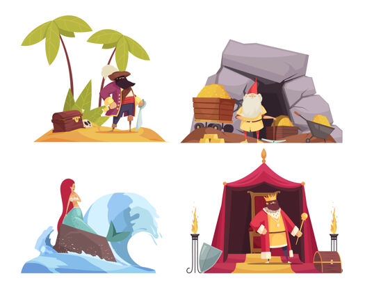 人物童话人物概念图标集海盗和美人鱼平面插图收藏布景侏儒