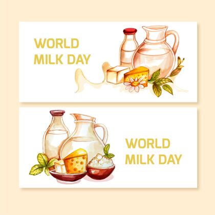 牛奶手绘水彩画世界牛奶日横幅集手绘全球事件