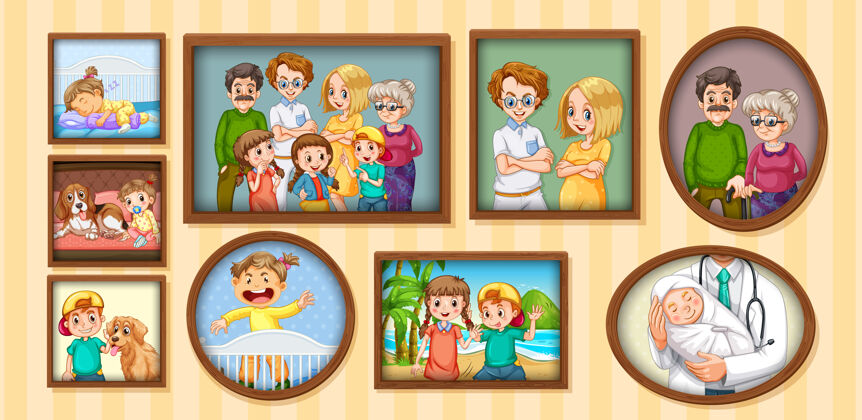 男性木架上有一套幸福的家庭照空白卡通童年