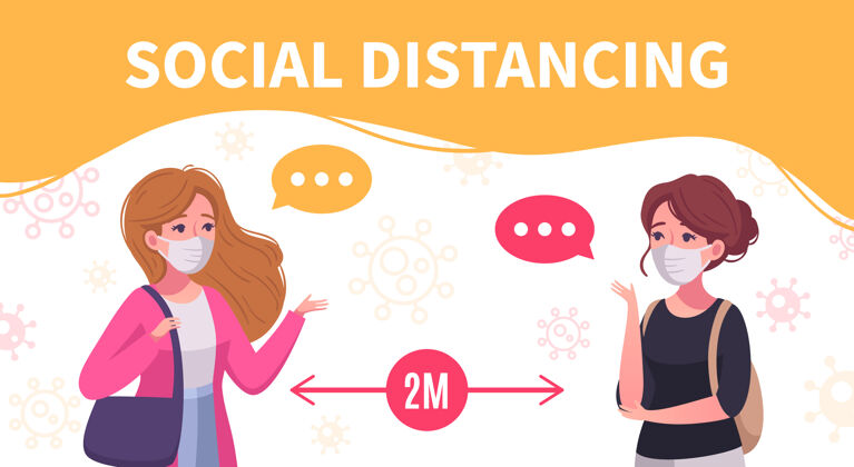 社交社会距离卡通海报与两个女人沟通保持两米远女人交流两个