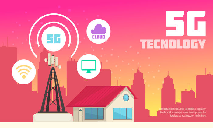 城市无线5g互联网技术平面插图与网络和通信图标在城市环境插图环境平板技术