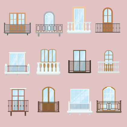 木材窗户和阳台设置经典和古老的老式建筑阳台与栅栏栏杆装饰设计建筑窗户栏杆