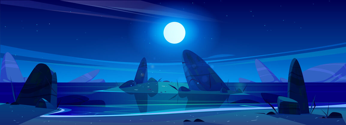 飛濺星空下的夜海 巖石上的滿月自然海洋旅行