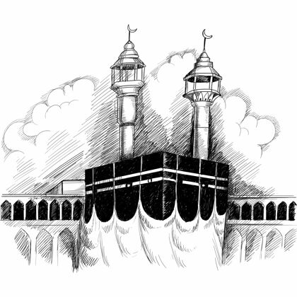 开斋节圣卡巴在麦加沙特阿拉伯手绘素描清真寺神圣素描