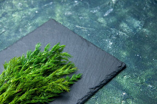 壁板新鲜莳萝束正面图 黑色砧板右侧 绿-黑混合色背景 自由空间扫帚前面草药