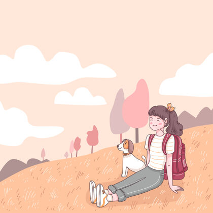旅行快乐少年背包客坐在草地上与她的狗在旅行 卡通人物风格的平面插图青少年旅行者卡通
